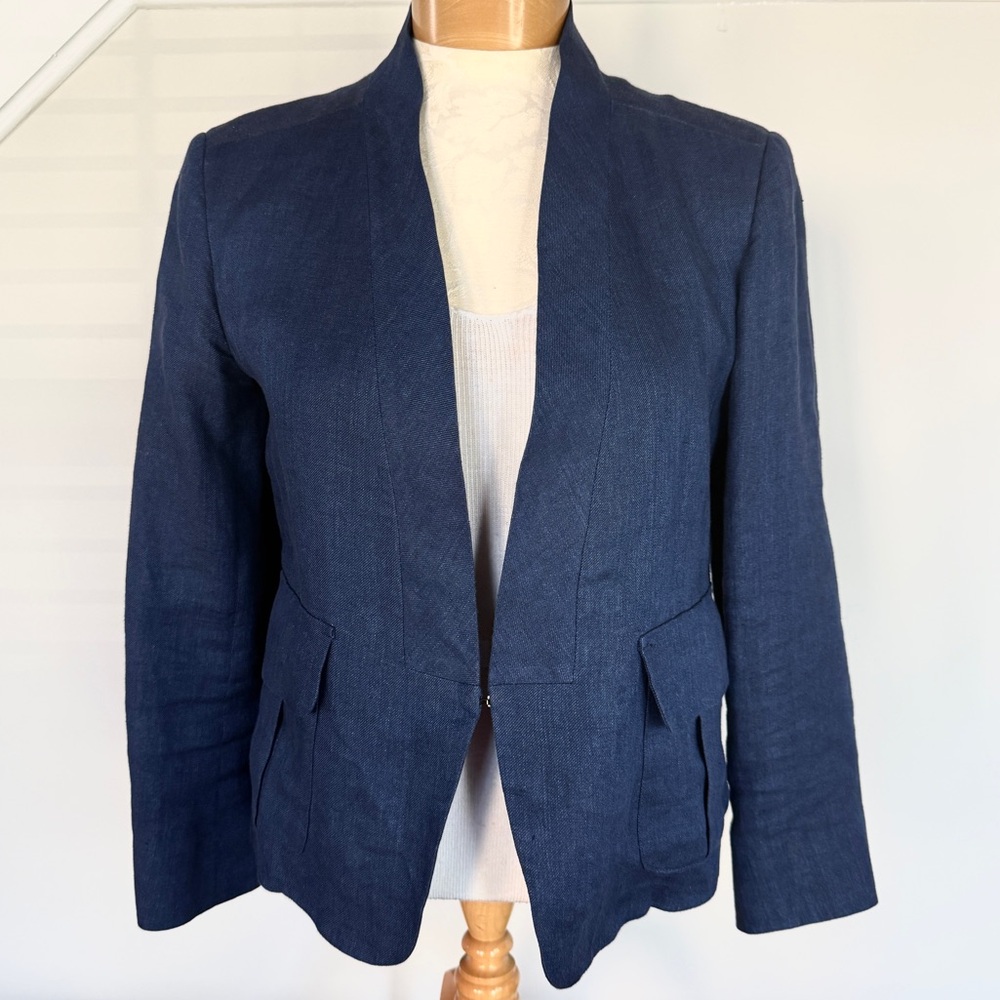 Weekend Max Mara Dark Blue Collarless 100% Linen Blazer Women’s Size 8
